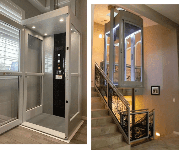 Modern glass home elevator beside staircase