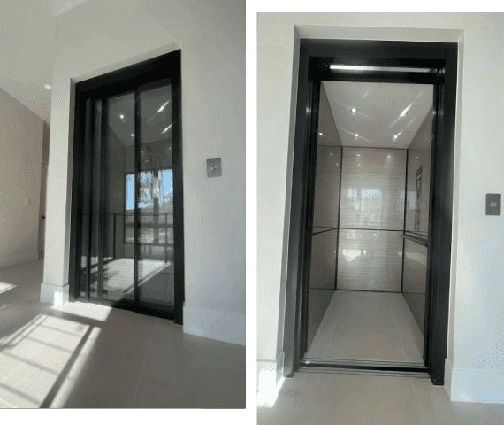 Modern residential glass elevator with black frame